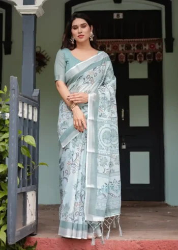 oft-pastel-green-colour-pure-linen-saree-with-tassels-