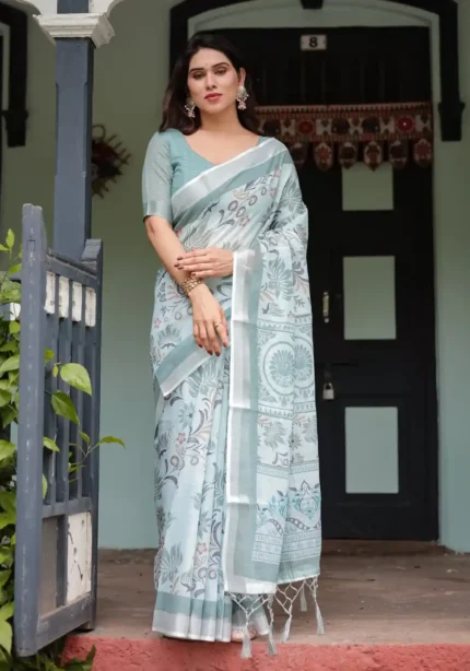 oft-pastel-green-colour-pure-linen-saree-with-tassels-