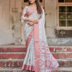 Soft Pastel Mint Geometric Floral Digital Printed Tussar Silk Saree