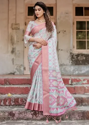 Soft Pastel Mint Geometric Floral Digital Printed Tussar Silk Saree