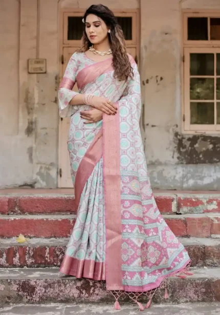 Soft Pastel Mint Geometric Floral Digital Printed Tussar Silk Saree