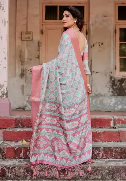 Soft Pastel Mint Geometric Floral Digital Printed Tussar Silk Saree