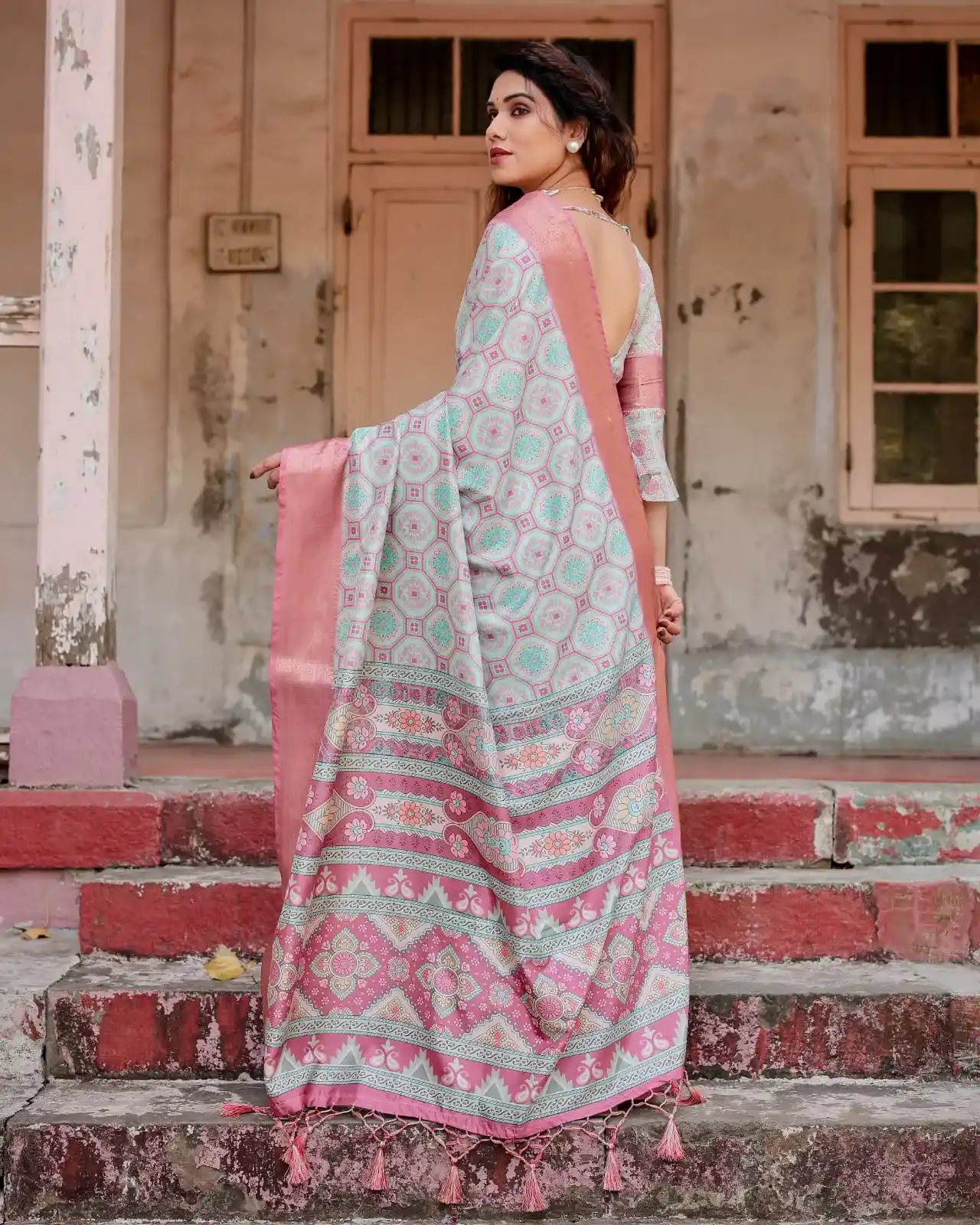 Soft Pastel Mint Geometric Floral Digital Printed Tussar Silk Saree