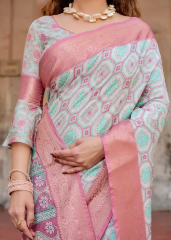 Soft Pastel Mint Geometric Floral Digital Printed Tussar Silk Saree