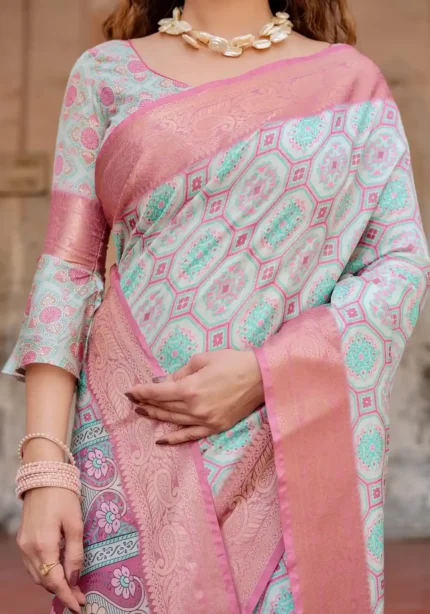 Soft Pastel Mint Geometric Floral Digital Printed Tussar Silk Saree