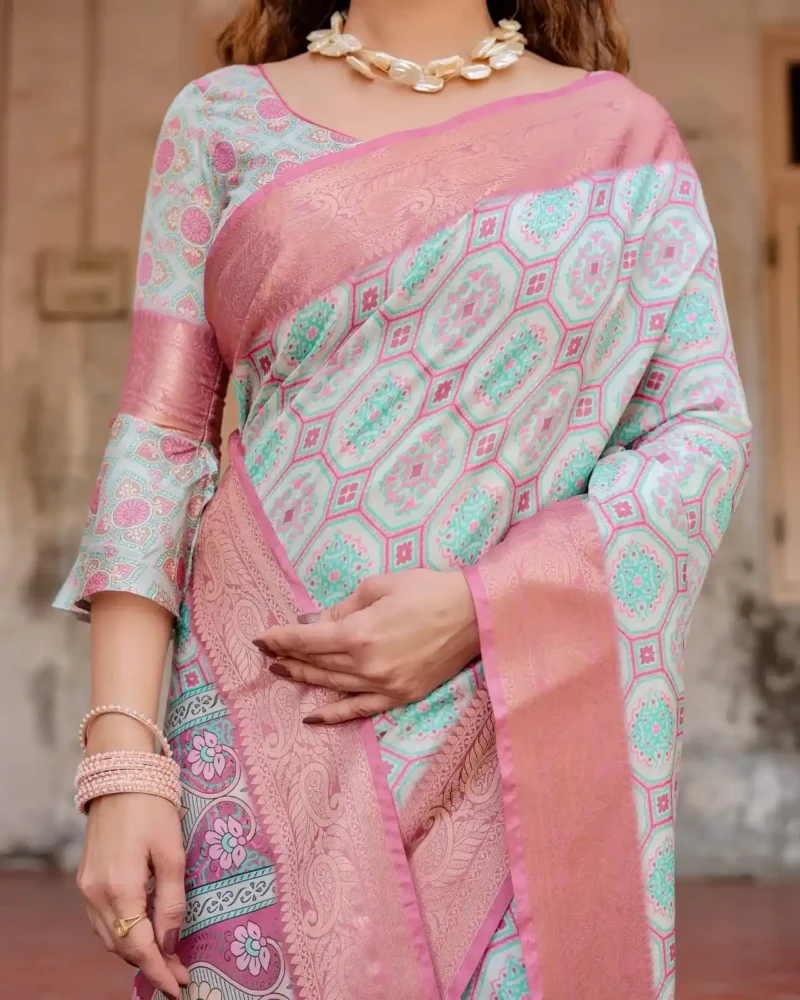 Soft Pastel Mint Geometric Floral Digital Printed Tussar Silk Saree