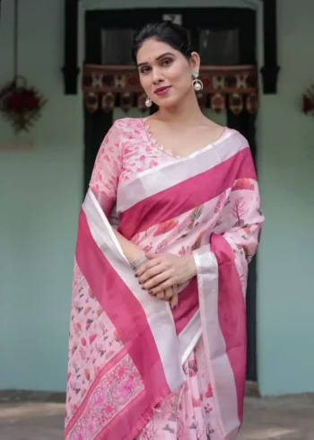 Soft Pink With a Gorgeous Nature Inspired Print Linen Saree