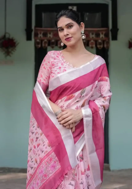 Soft Pink With a Gorgeous Nature Inspired Print Linen Saree