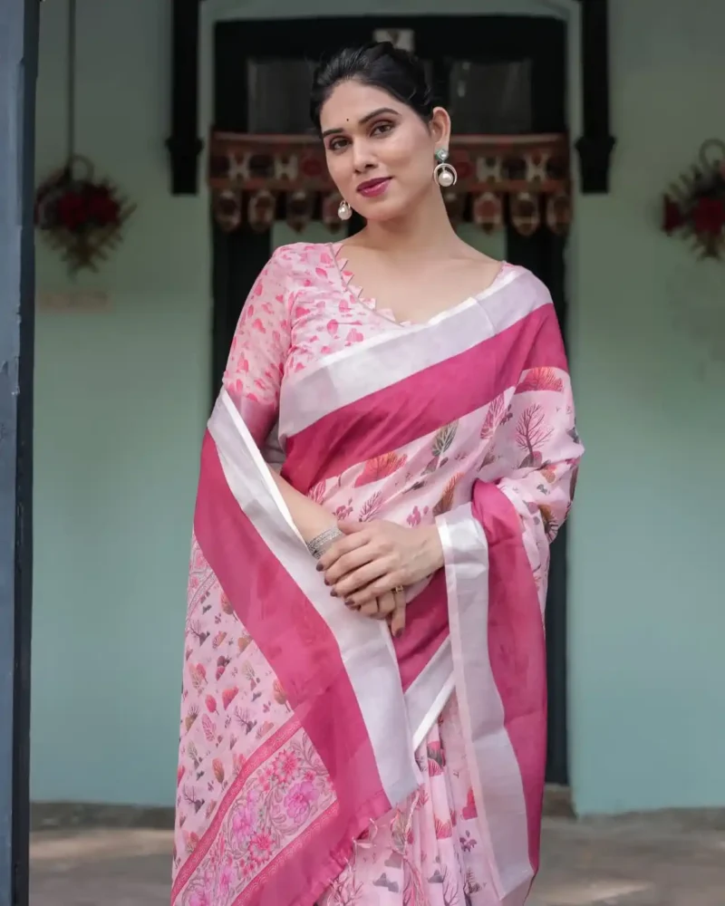 Soft Pink With a Gorgeous Nature Inspired Print Linen Saree