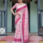 Soft Pink With a Gorgeous Nature Inspired Print Linen Saree