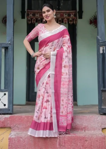 Soft Pink With a Gorgeous Nature Inspired Print Linen Saree