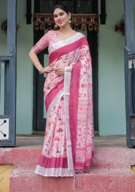 Soft Pink With a Gorgeous Nature Inspired Print Linen Saree