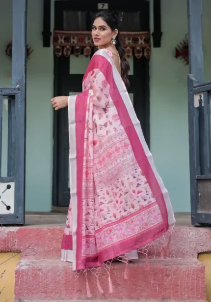 Soft Pink With a Gorgeous Nature Inspired Print Linen Saree