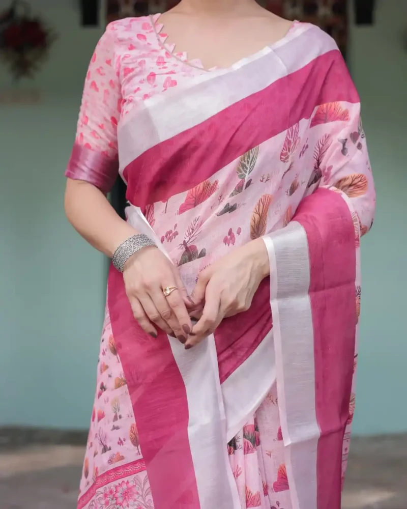 Soft Pink With a Gorgeous Nature Inspired Print Linen Saree