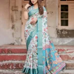 Soft White Floral Digital Printed Tussar Silk Saree