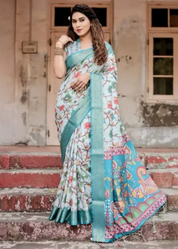 Soft White Floral Digital Printed Tussar Silk Saree