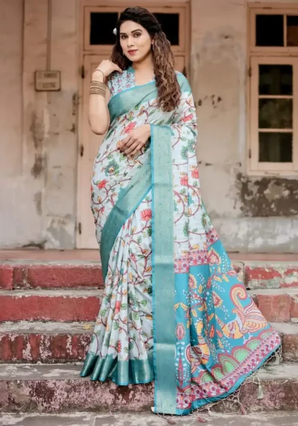 Soft White Floral Digital Printed Tussar Silk Saree