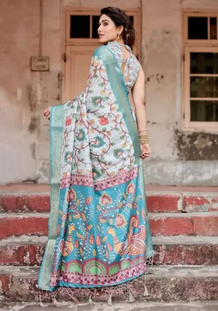 Soft White Floral Digital Printed Tussar Silk Saree