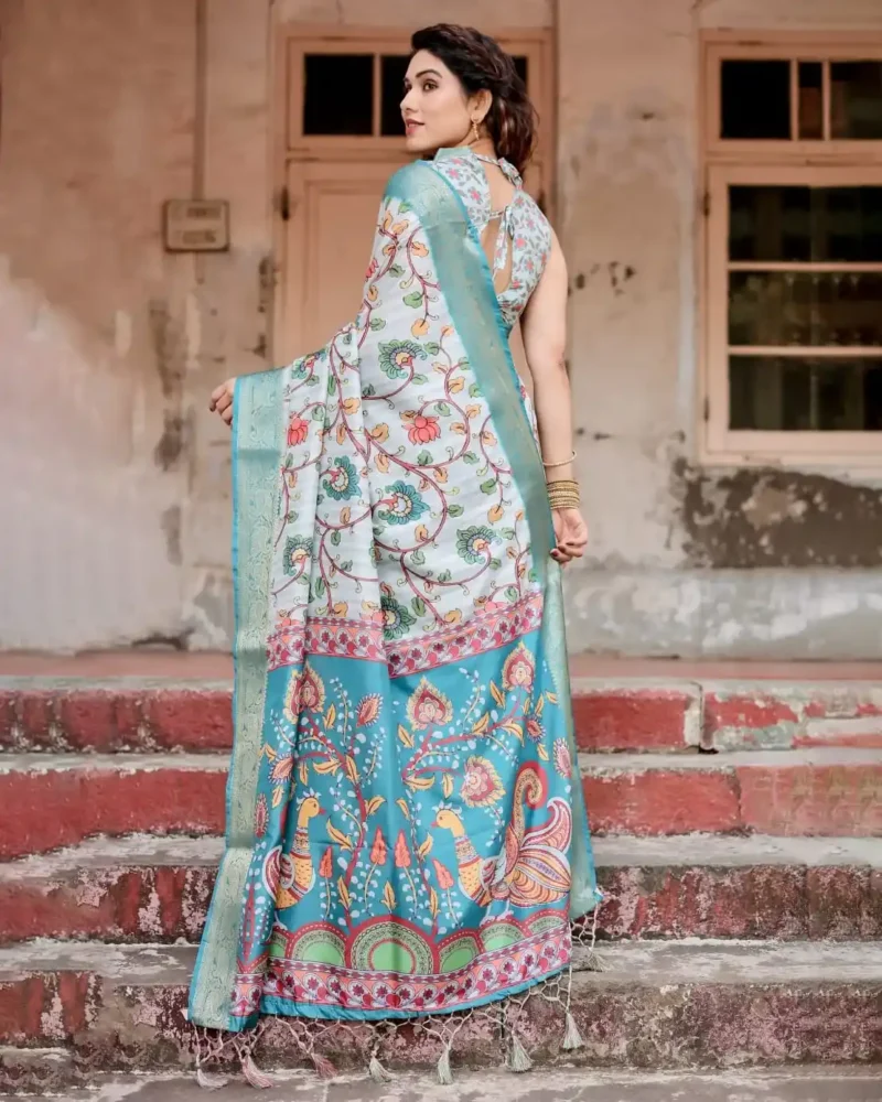 Soft White Floral Digital Printed Tussar Silk Saree