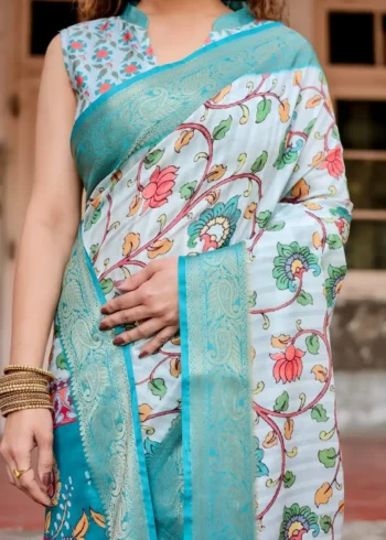 Soft White Floral Digital Printed Tussar Silk Saree