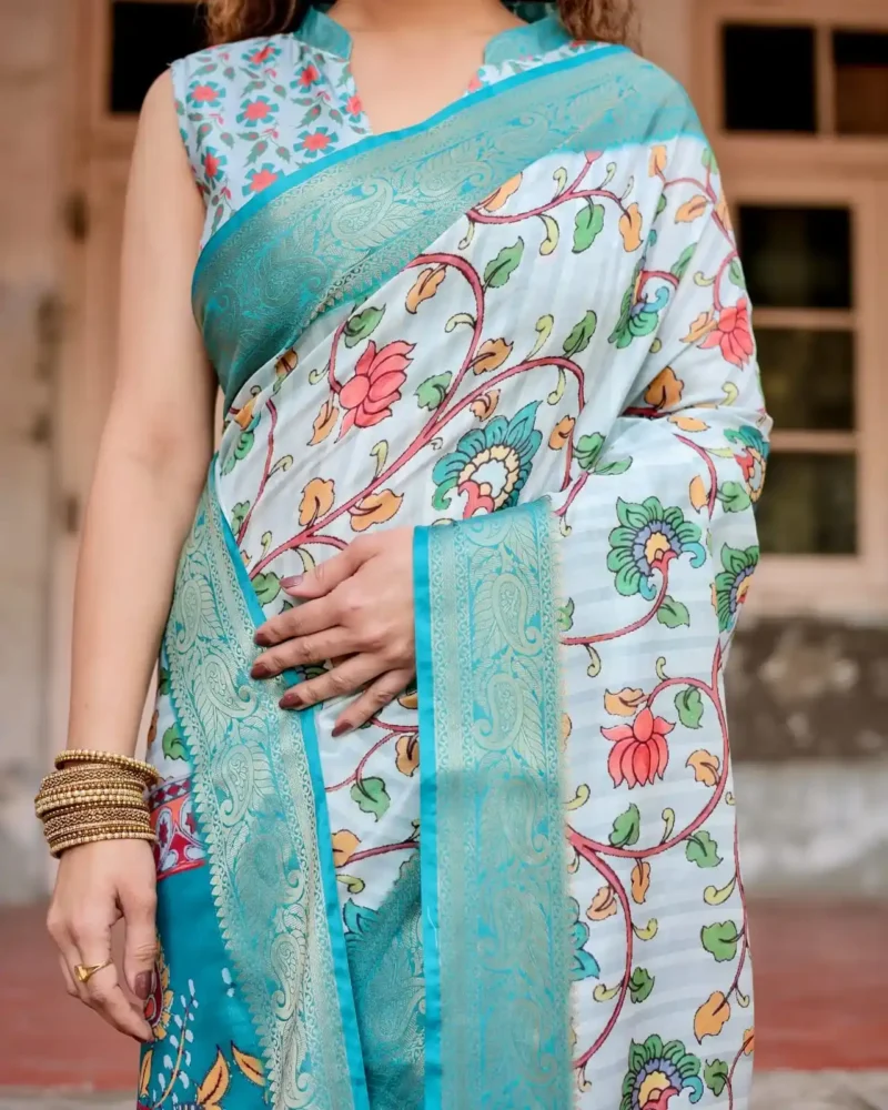 Soft White Floral Digital Printed Tussar Silk Saree