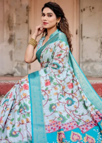 Soft White Floral Digital Printed Tussar Silk Saree