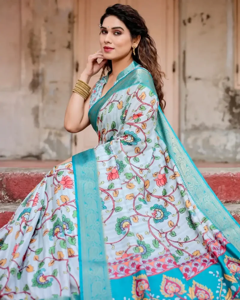 Soft White Floral Digital Printed Tussar Silk Saree