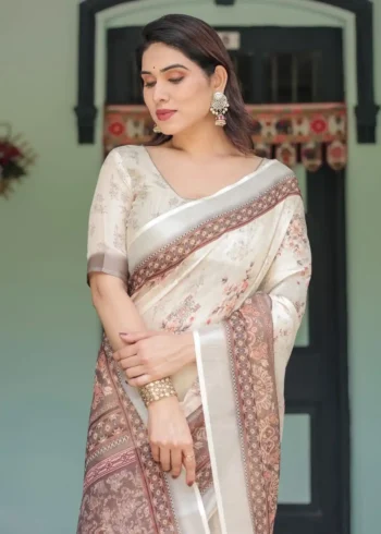 Soothing Beige Linen Saree With Earthy Toned Border