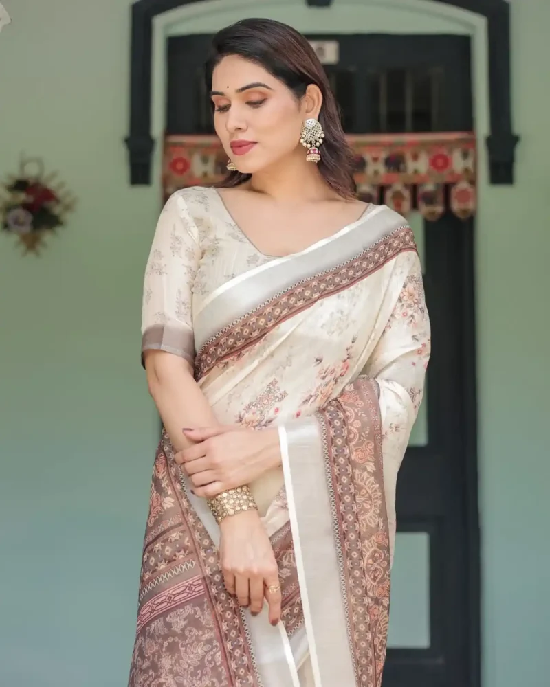 Soothing Beige Linen Saree With Earthy Toned Border