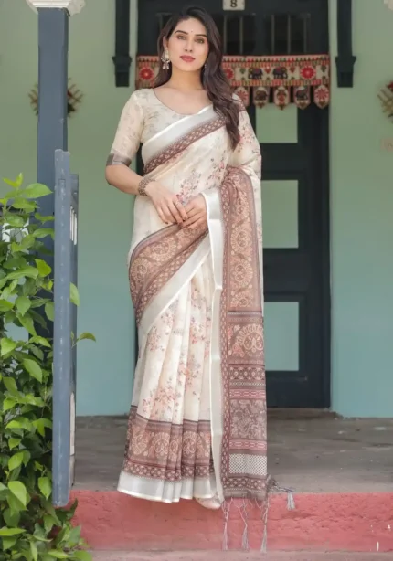 Soothing Beige Linen Saree With Earthy Toned Border