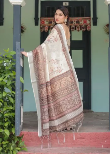 Soothing Beige Linen Saree With Earthy Toned Border