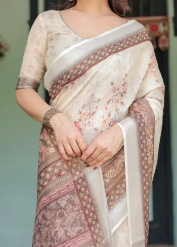 Soothing Beige Linen Saree With Earthy Toned Border