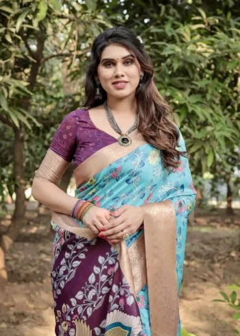 Buy Rajwadi saree 10 Stunning Aqua Blue Deep Wine Colour Tussar Silk Saree