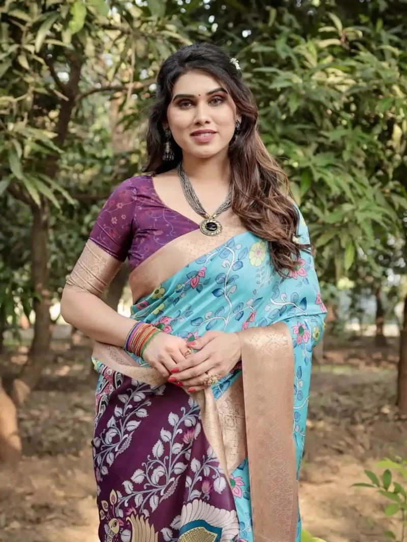 Stunning Aqua Blue Deep Wine Colour Tussar Silk Saree