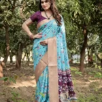 Stunning Aqua Blue Deep Wine Colour Tussar Silk Saree