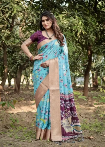 Stunning Aqua Blue Deep Wine Colour Tussar Silk Saree