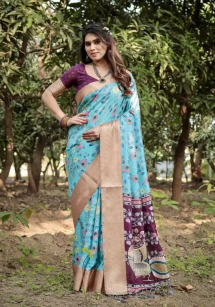 Stunning Aqua Blue Deep Wine Colour Tussar Silk Saree