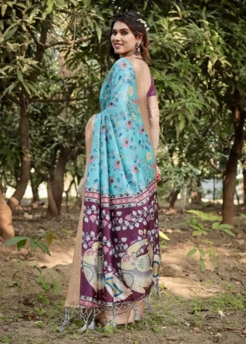 Stunning Aqua Blue Deep Wine Colour Tussar Silk Saree