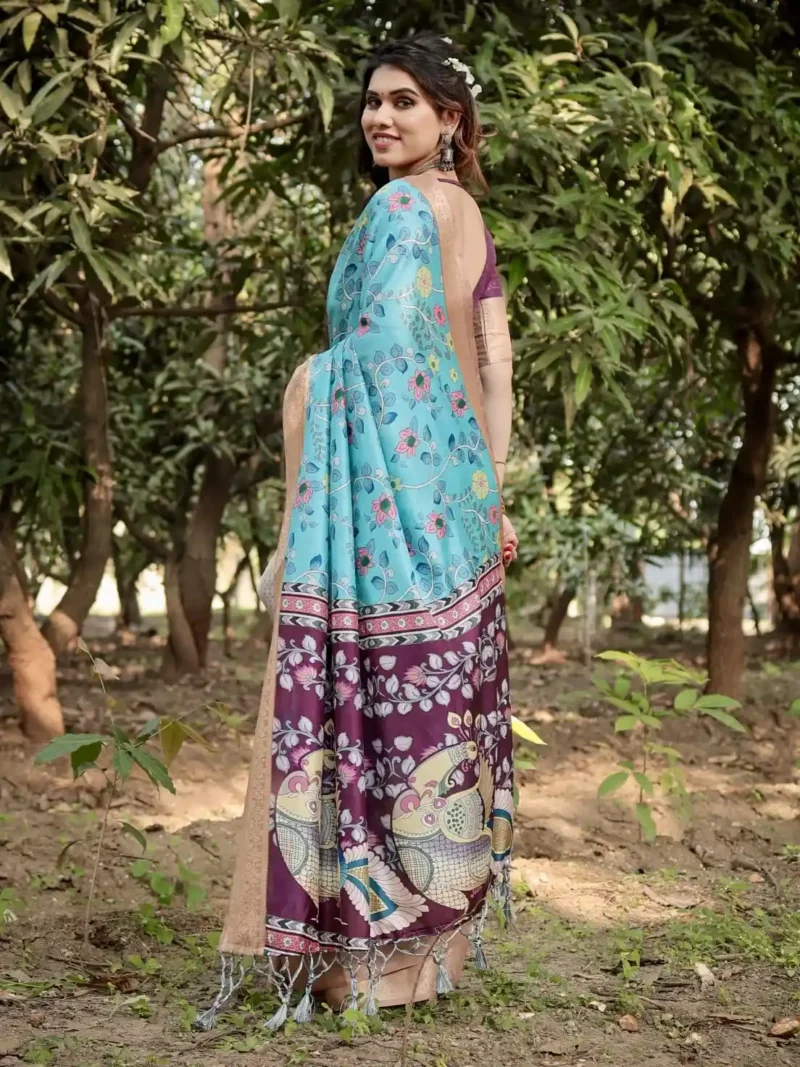 Stunning Aqua Blue Deep Wine Colour Tussar Silk Saree