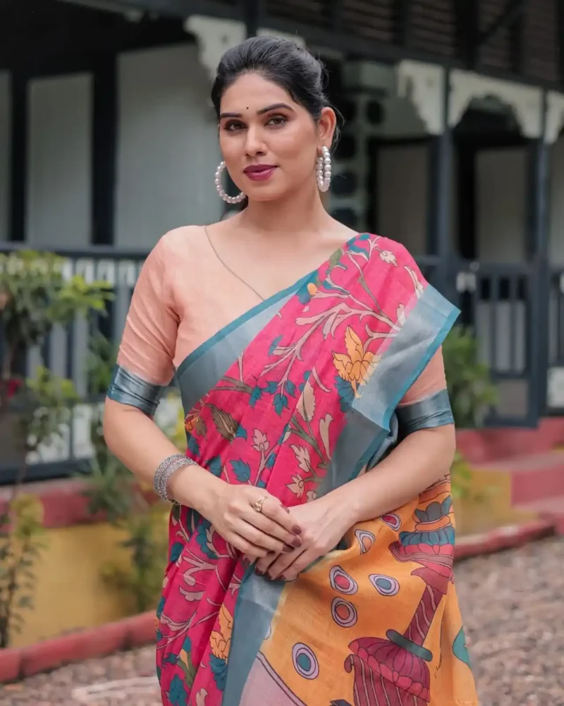 Stunning Pink Blue Floral Digital Print Linen Saree