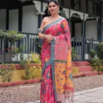 Stunning Pink Blue Floral Digital Print Linen Saree