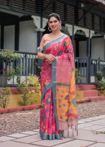 Stunning Pink Blue Floral Digital Print Linen Saree
