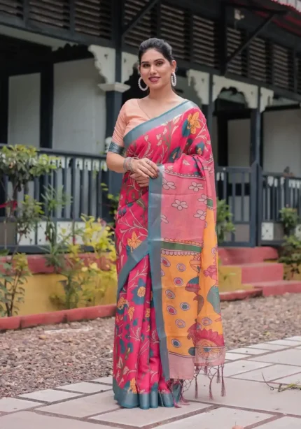 Stunning Pink Blue Floral Digital Print Linen Saree