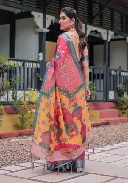 Stunning Pink Blue Floral Digital Print Linen Saree