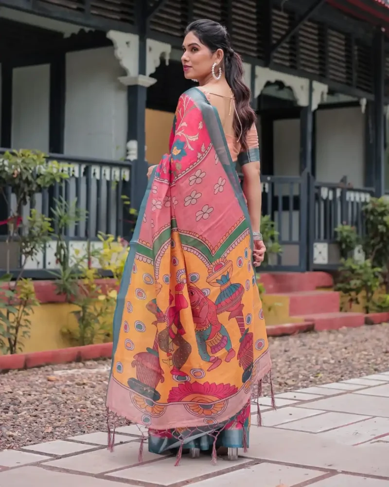 Stunning Pink Blue Floral Digital Print Linen Saree