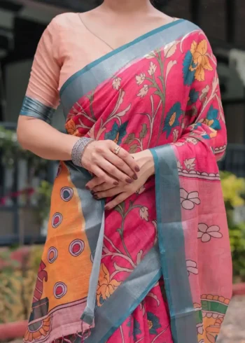 Stunning Pink Blue Floral Digital Print Linen Saree