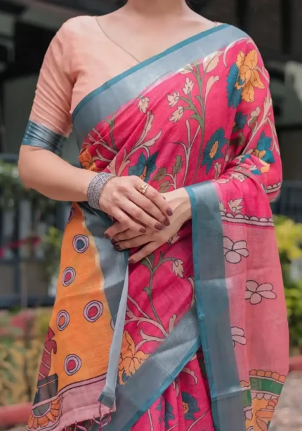 Stunning Pink Blue Floral Digital Print Linen Saree