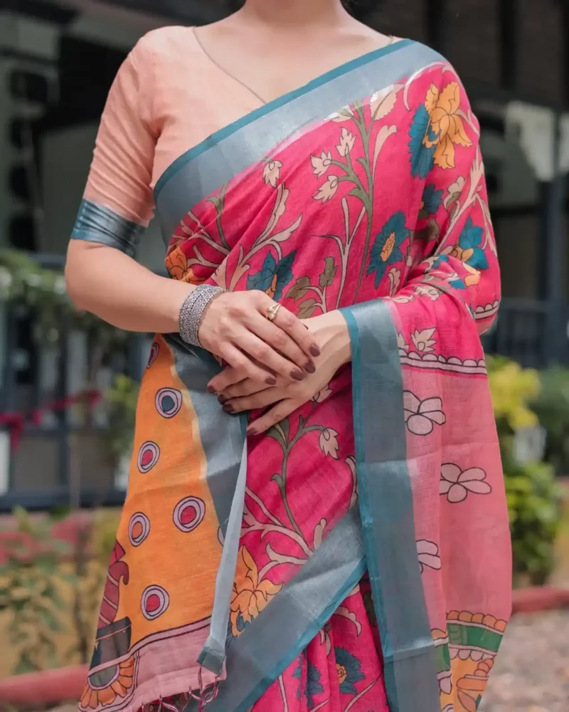 Stunning Pink Blue Floral Digital Print Linen Saree