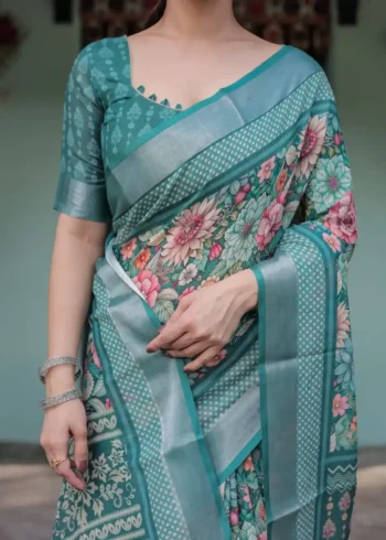 Stunning Teal Green With Vibrant Floral Printed Linen Saree