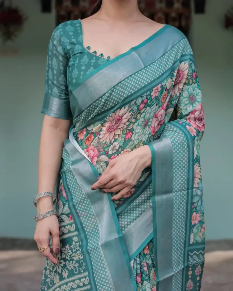 Stunning Teal Green With Vibrant Floral Printed Linen Saree